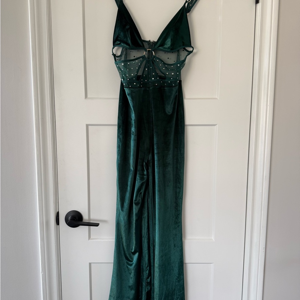 Emerald Green Velvet Jumpsuit with Sheer Embellished Bodice